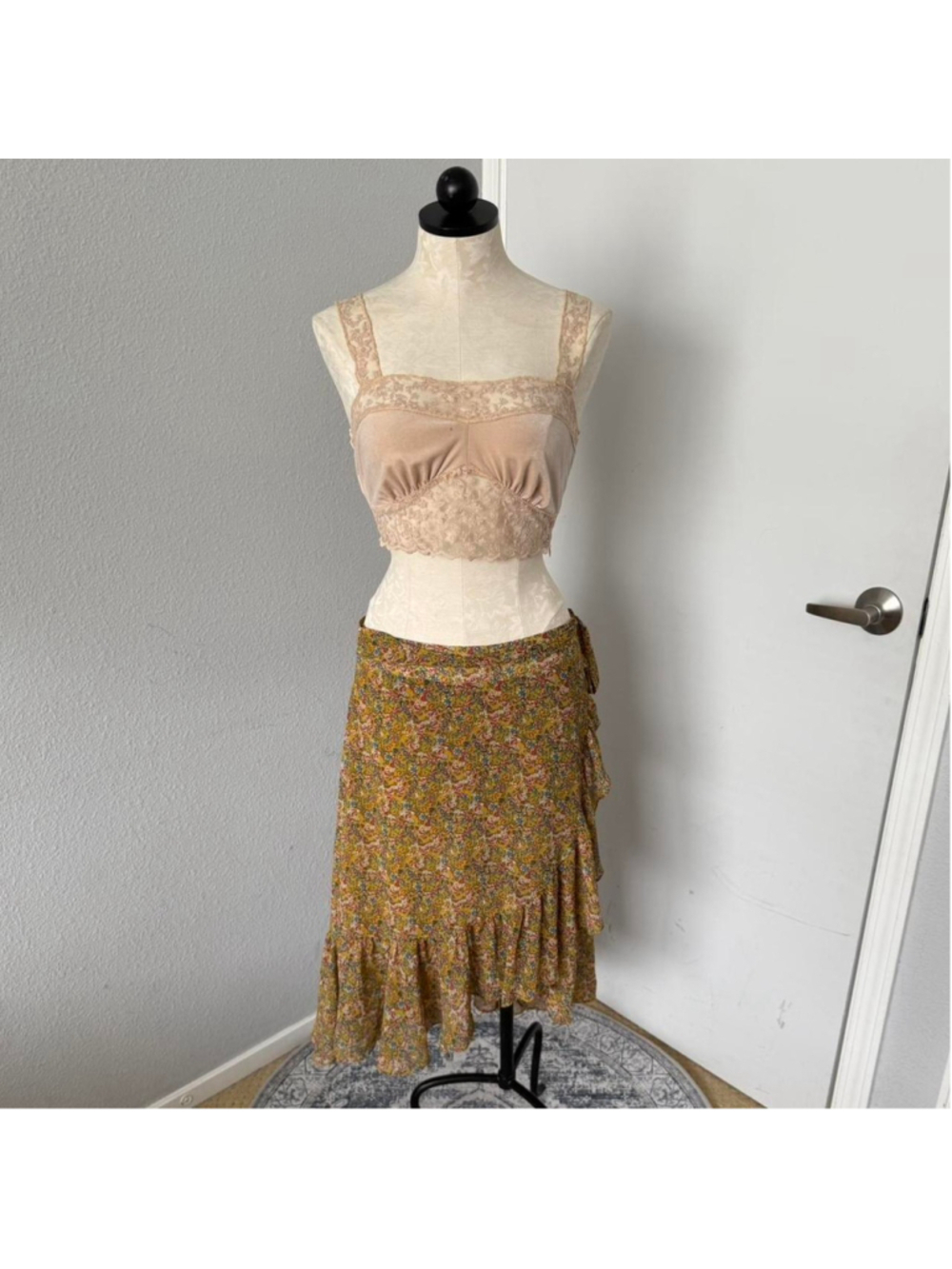 Rebecca Minkoff Yellow Paisley Selena Midi Skirt with Ruffle Hem & Tie Waist - M